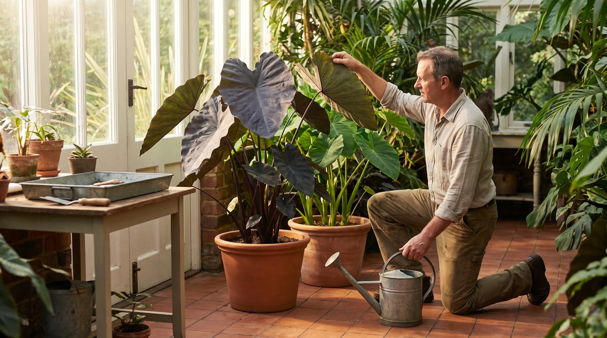 Large foliage plant growing in a bright conservatory