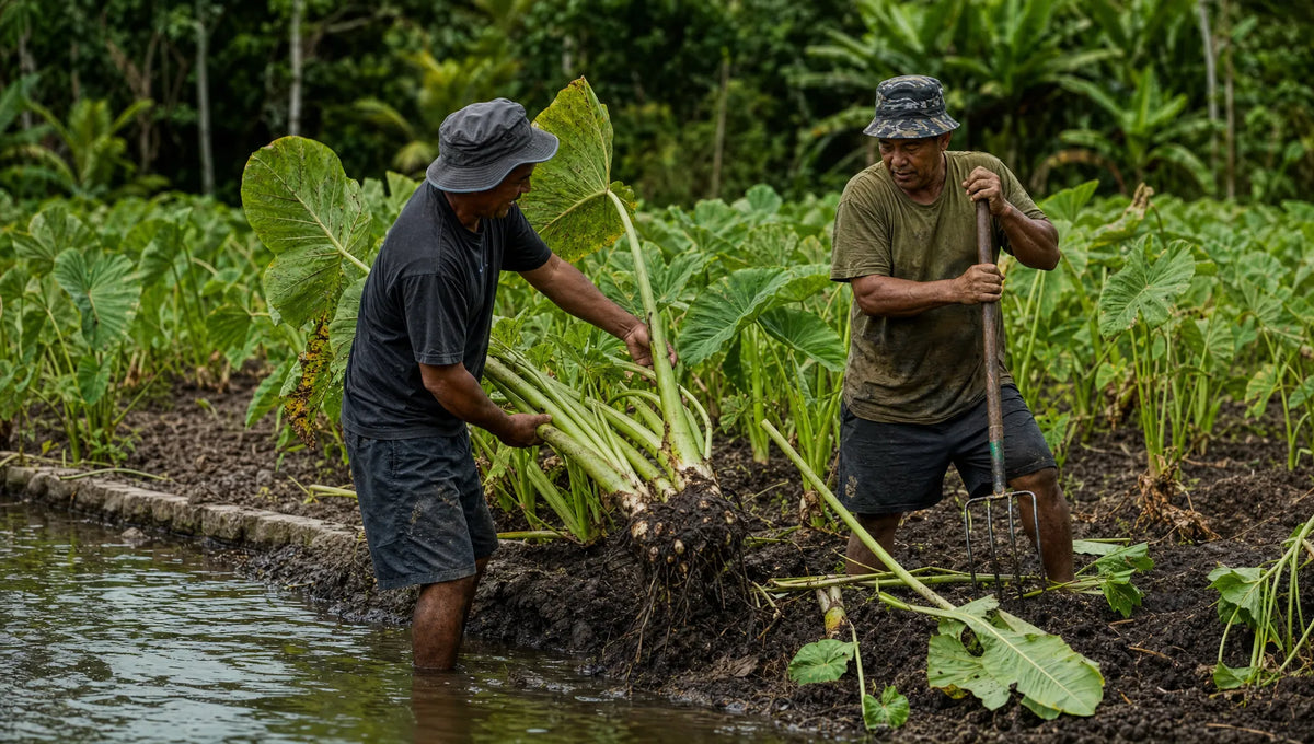 Taro plants growing in a traditional wet cultivation system