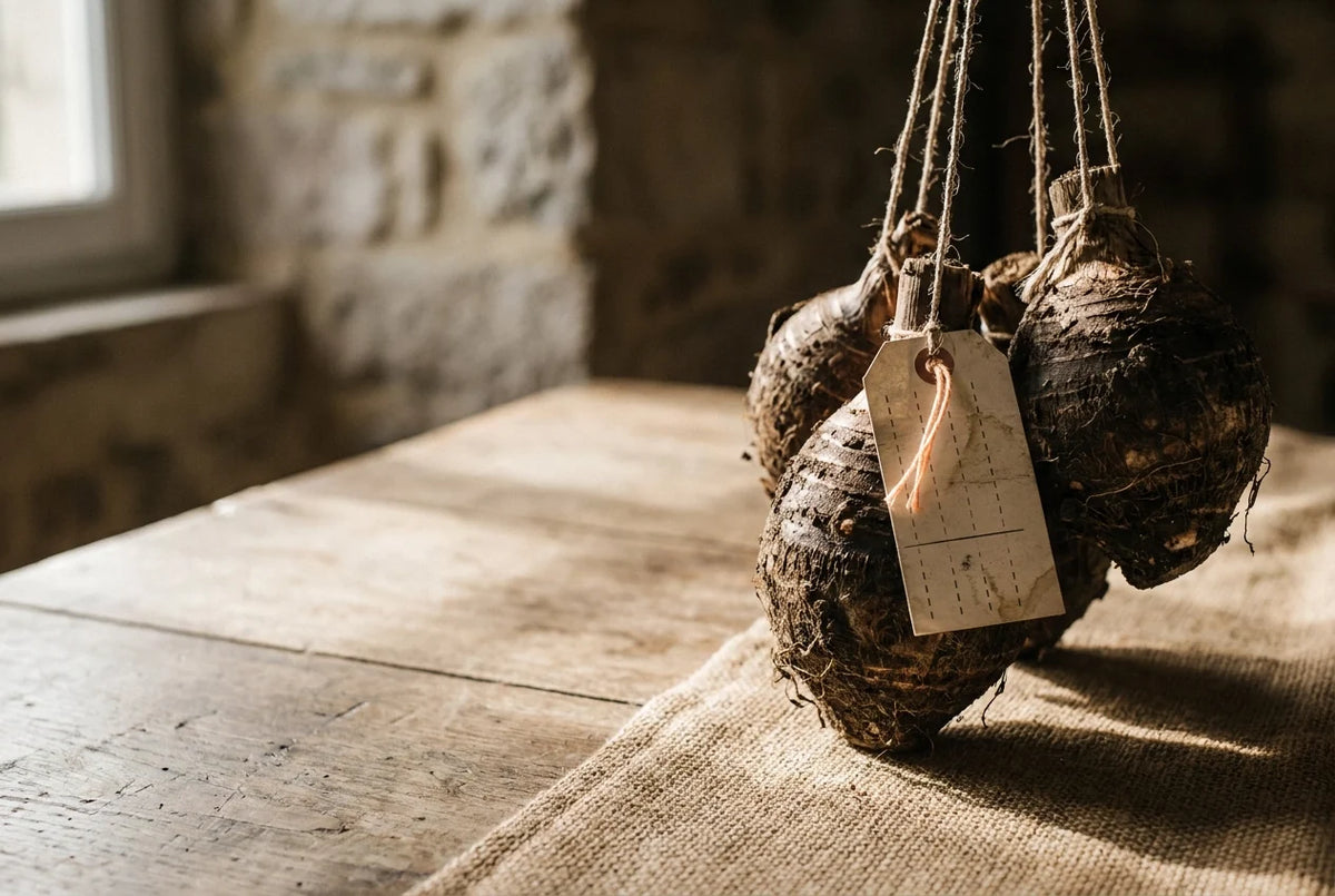 Professional header image for industry analysis: Buying Colocasia Bulbs in the UK: What the Label Does and...