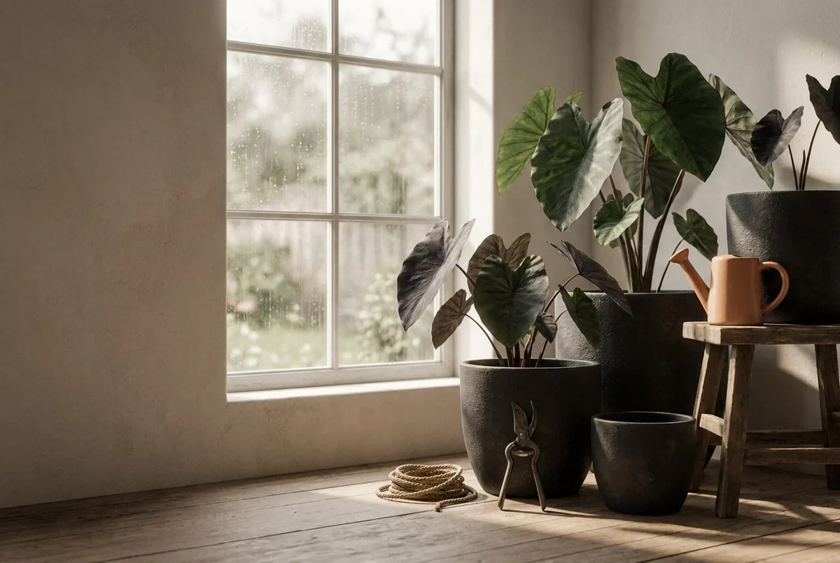 Healthy Colocasia leaves growing in warm bright conditions