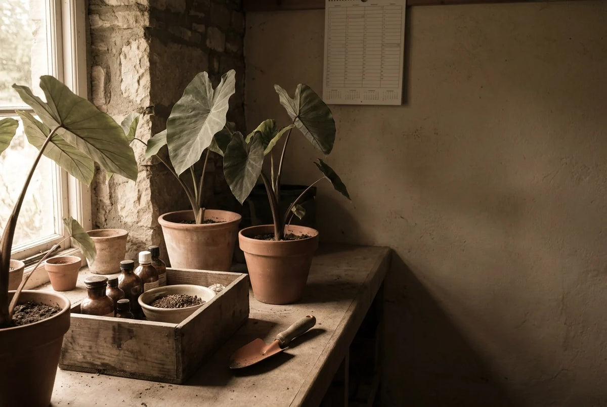 Professional header image for educational tutorial: Feeding Colocasia Through the UK Growing Season: What Hea...