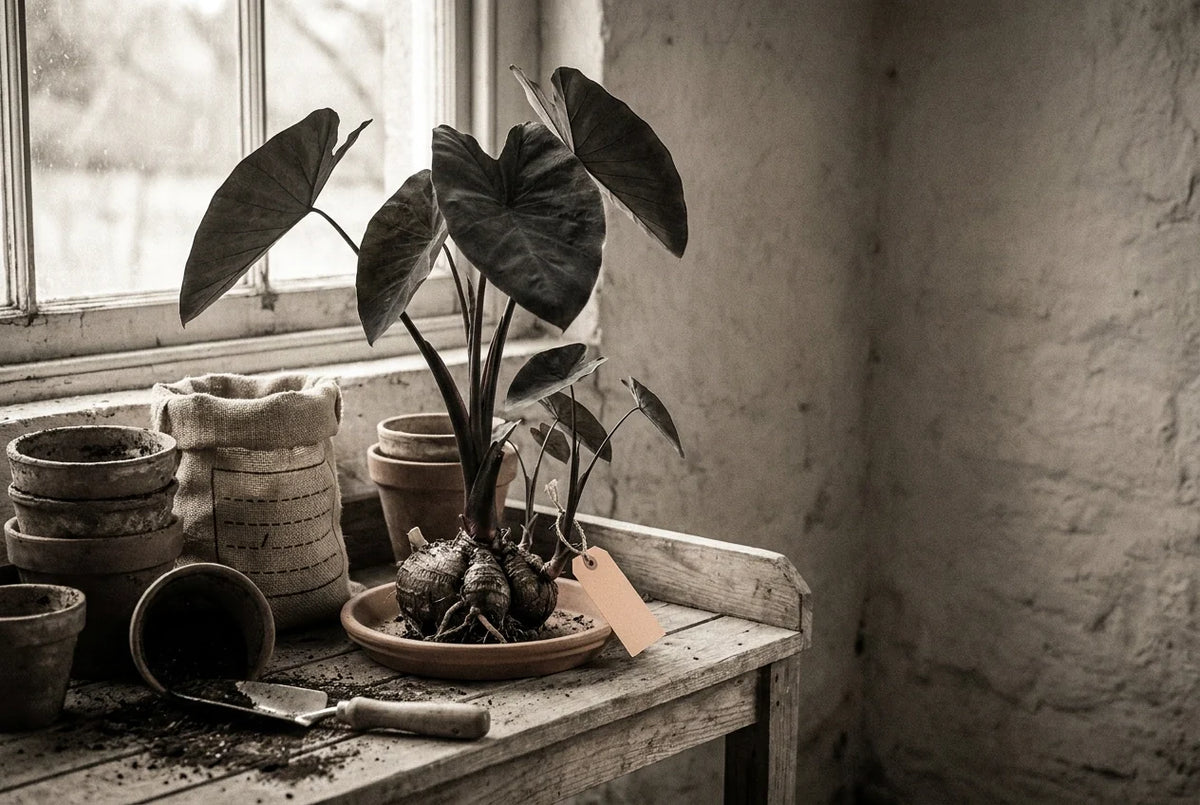 Professional header image for educational tutorial: Propagating Colocasia: Dividing Corms, Separating Runners...